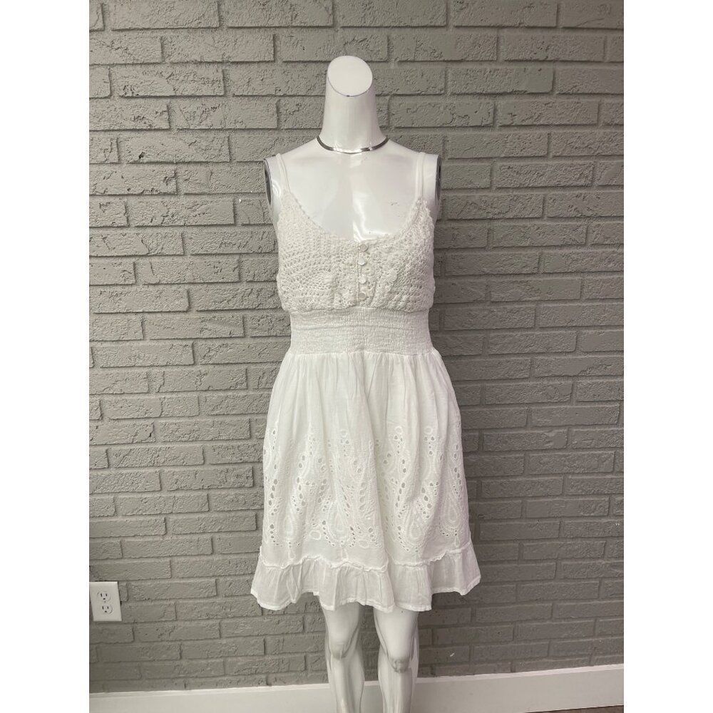 Indian Emporium Women White Cotton Crochet Smock Waist Eyelet Ruffle Dress Size